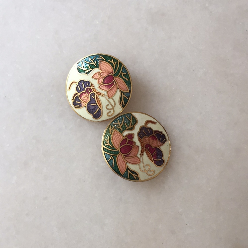 Cloisonné Earrings - Clip On Vintage